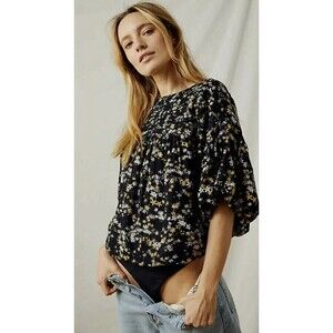 Free People Intimately Dessa Bodysuit Size XS Floral Printed Pintuck Black